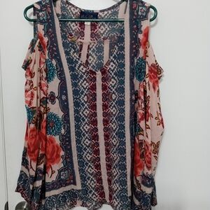 Blue Rain Cold Shoulder Boho Floral and Paisley High Low Blouse Flare Sleeves